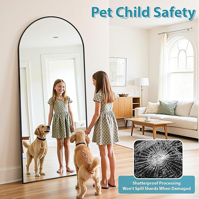 Full Length Mirror, 71"x26" Oversized Floor Mirror Freestanding, Full Body Mirror Floor Standing Mirrors with Stand, Hanging Mounted Mirrors for Bedroom Living Room, Black, Arched Style