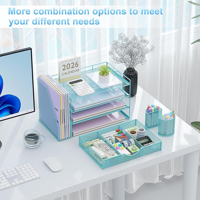 gianotter Desk Organizers and Accessories with File Holder, 4-Tier Desk Accessories & Workspace Organizers with Drawer and 2 Pen Holder, Paper Organizer for Office Supplies (Blue)