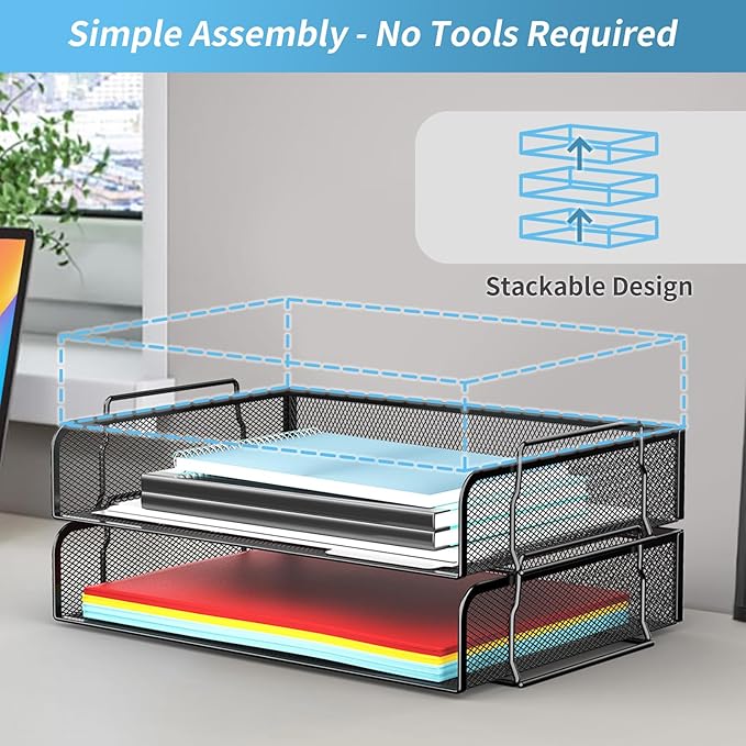 4 Tier Stackable Letter Tray, Metal Mesh File Storage Desktop Organizer for Home Office, Black