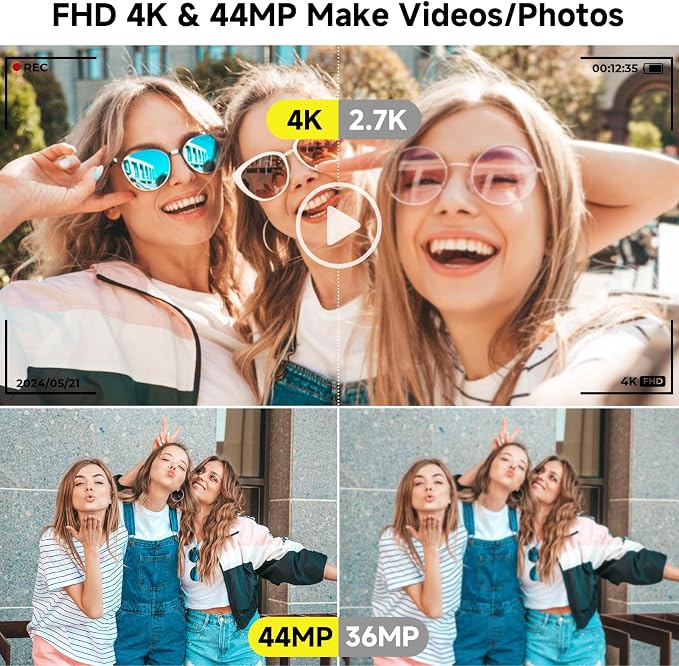 Digital Camera, FHD 4K 44MP Digital Camera, 16X Digital Zoom, Digital Point and - Image 2