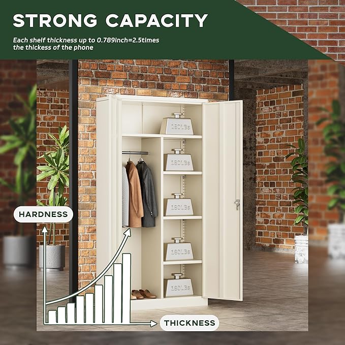 Greenvelly Metal Wardrobe Cabinet with Lock Door, 72" Metal Wardrobe Closet with Hanging Rods and Adjustable Shelves, Clothing Storage Closet Cabinet for Home, Office, Employee, Gym (Grey)