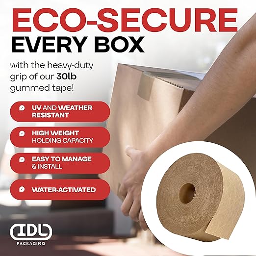 IDL Packaging 2.83" x 450 feet Reinforced Water-Activated Kraft Gummed Tape 30lb Thickness (Pack of 8) - Secure Paper Packing Tape for Secure Carton Sealing - Heavy-Duty for All Conditions, Brown