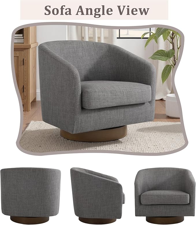 UIXE Swivel Accent Chair with Wood Base, Fabric Upholstered Barrel Chairs for Living Room, Comfy Round Armchair Single Sofa Bedroom Reading Seat - 31" W, Gray