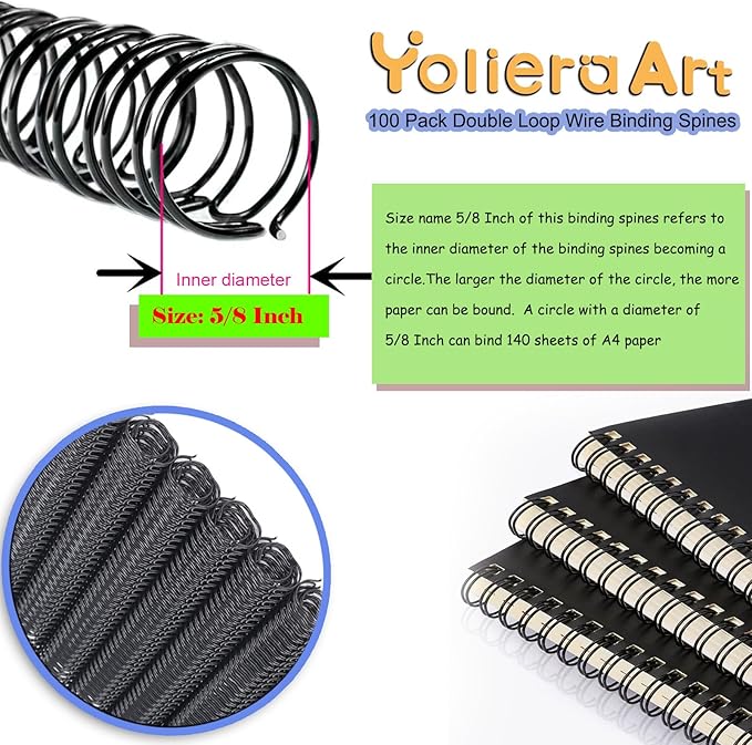 100 Pack Double Loop Wire Binding Spines, YolieraArt Wire Binding Spines, 5/8 Inch Binding Wire for Letter Size 140 Sheet Capacity), 100P, 3:1 Pitch, Black)