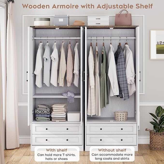 Brafab Armoire Wardrobe Closet with 2 Modern Doors, 71" Tall Freestanding Closet Wardrobe Cabinet with Drawers and Hanging Rail, Light Wooden Storage Cabinet with Shelve for Bedroom (White, 2 Doors)