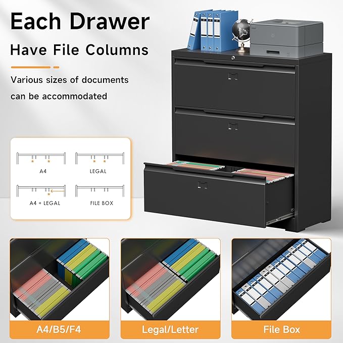 Lateral File Cabinet with Lock, 3 Drawer Lateral Filing Cabinet for Office Home, Locking Metal Steel Wide for Hanging Files Letter/Legal/F4/A4 Size, Easy Assemble Black