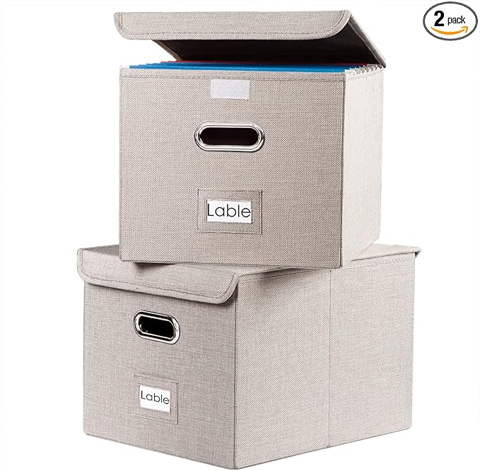 PRANDOM File Organizer Box - Set of 2 Collapsible Decorative Linen Filing Storage Hanging File Folders with Lids Office Cabinet Letter Size Light Grey (15x12.2x10.75 inch)