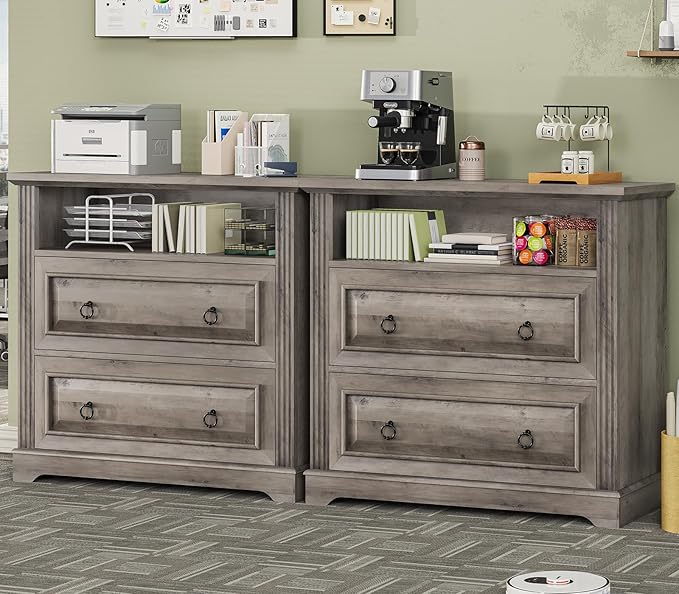 Itaar 2 Drawer File Cabinet, Farmhouse Filing Cabinet for Home Office Fits Letter, Legal, A4 Size, Wood Lateral File Cabinet with Printer Stand, Storage Shelf, Grey