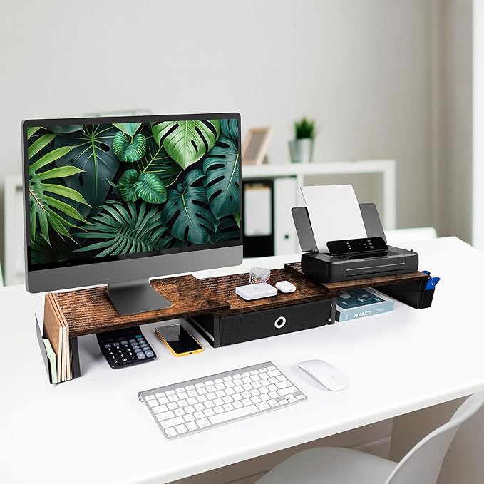 Dual Monitor Stand Riser With Drawer, Office Desk Organizers And Accessories, Computer Monitor Riser For 2 Monitors For Desk, Monitor Shelf With Adjustable Length & Angle