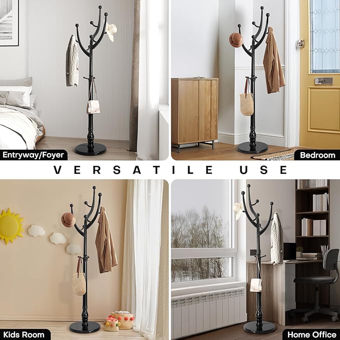 Coat Rack Freestanding Coat Tree with Sturdy Round Base, Unique Coat Hanger Stand, Heavy Duty Standing Coat Rack Clothes Stand for Winter Jacket, Hat, Entryway/Hallway/Bedroom, Black