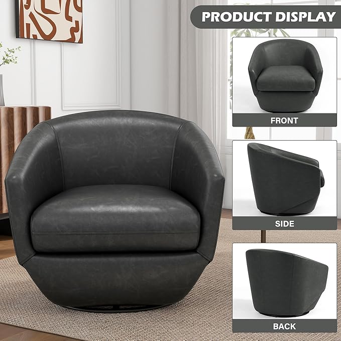 UIXE Faux Leather Swivel Accent Chairs Set of 2, Barrel Chair Upholstered Club Armchair for Living Room, Comfy Single Sofa Bedroom Side Reading Seat - Black