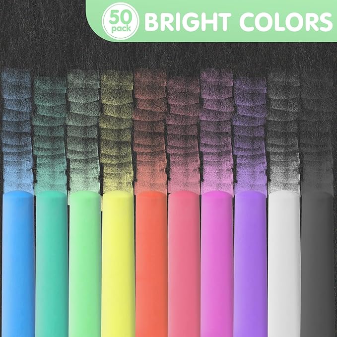 50 Pack Washable Sidewalk Chalks for Kids Non-Toxic Jumbo Chalk for Outdoor Art Play, Colored Chalk for Painting on Chalkboard, Blackboard and Playground