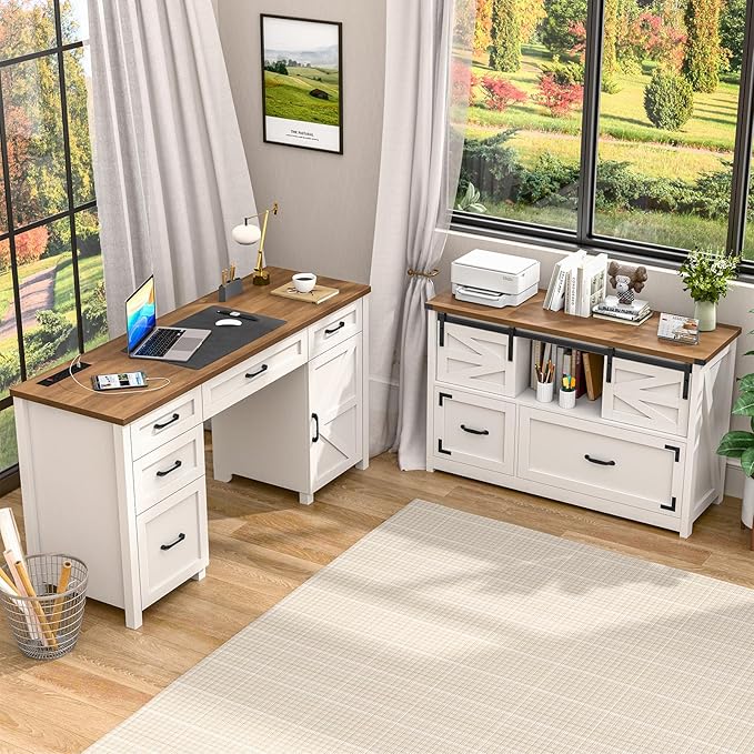 Lateral File Cabinets 2 Drawer with Sliding Barn Doors, Farmhouse Filing Cabinet with 2 Drawer for Home Office，Filing Organization Storage Cabinets for Hanging Files Letter/Legal/F4/A4.(Brown.)