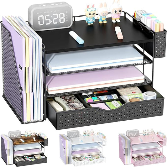 Wood Desk Organizers and Accessories with File Holder, 4-Tier Desk Accessories & Workspace Organizers with Drawer and Pen Holder, Paper Organizer for Office Supplies (Black)