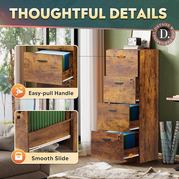 DEVAISE 4 Drawer File Cabinet with Lock, Vertical Filing Cabinet for A4/Letter Size Files, Wood Storage Organizer for Home Office, Rustic Brown