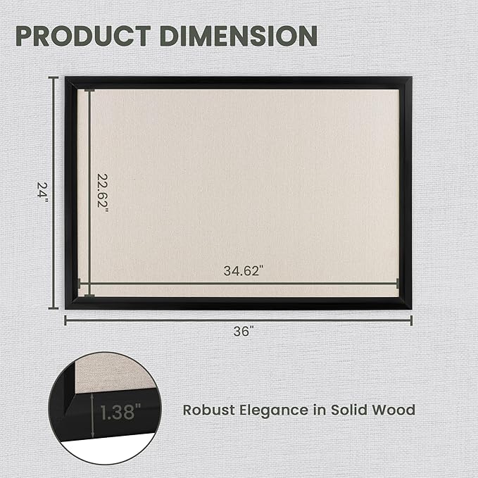 Bulletin Board Cork Board with Linen, 100% Wood Framed 24" x 36" Bulletin Board Decorations, Pin Boards for Walls, Wall Mounted Fabric Picture Board with 10 Pushpins for School, Home & Office, Black