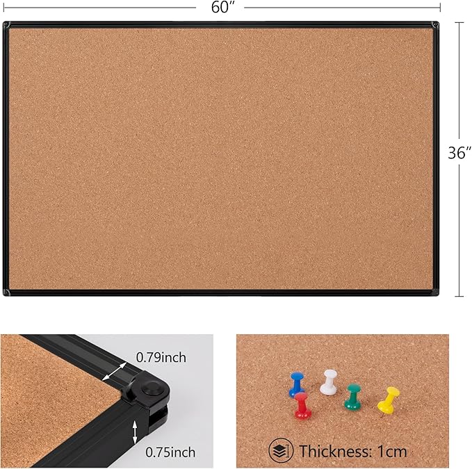 Board2by Extra Large Cork Bulletin Board 60" X 36", Black Aluminum Framed 5'x3' Corkboard for Wall, Wall Mounted Notice Pin Board with 18 Push Pins for School, Home & Office