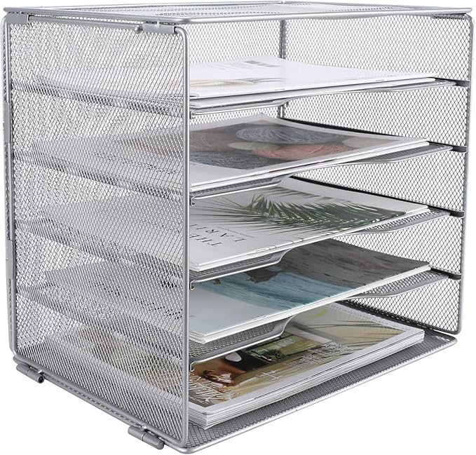 EasyPAG 5-Tier Mesh Desk File Organizer with Metal Frame, Screw-Free Assembly, Space Saving Letter Tray for Office/Home/School - A4 & Letter Size Paper Sorter, Silver