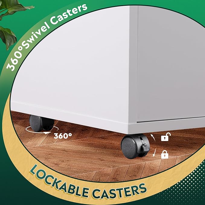 DEVAISE Office File Cabinet with Lock, 1-Drawer Wood Lateral Filing Cabinet on Wheels, Printer Stand with Open Storage Shelves for Home Office, White