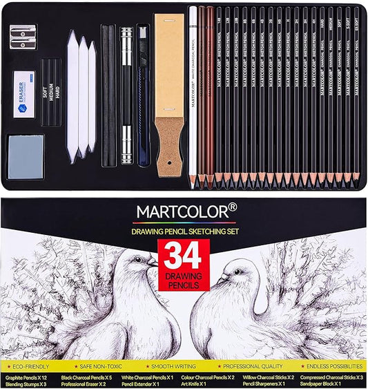Drawing Sketching Pencils Set, 34 Pieces Pro Art Pencil Kit - Graphite Pencils (14B-4H), Charcoal Pencils, Charcoal Sticks, Artist Pencils for Beginners & Pro Artists