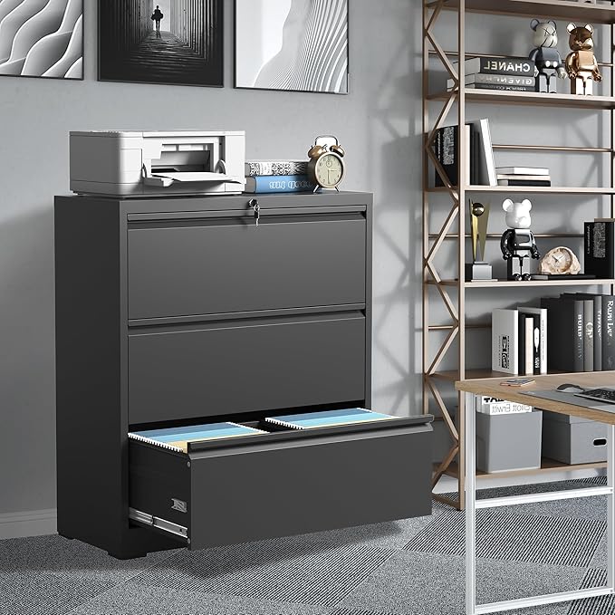 File Cabinets 3 Drawer,Metal Office Storage Filing Cabinet with Lock,Black Lateral Filing Cabinet for Home Office,Horizontal Locking File Cabinets for Legal/Letter/A4,Assembly Require,Black