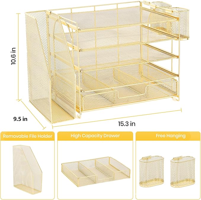 Desk Organizers and Accessories, 5-Tier Paper File Organizer with Drawer & Pen Holder, Office Desk Accessories Workspace Desktop Organizer for Office Supplies(Gold)