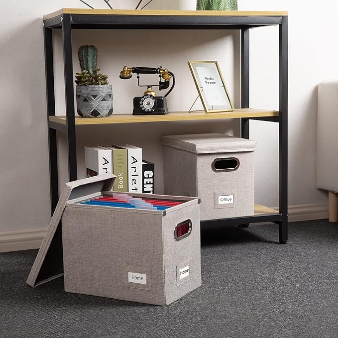 PRANDOM File Organizer Box - Set of 4 Collapsible Decorative Linen Filing Storage Hanging File Folders with Lids Office Cabinet Letter Size Light Grey (14x9.3x10.8 inch)