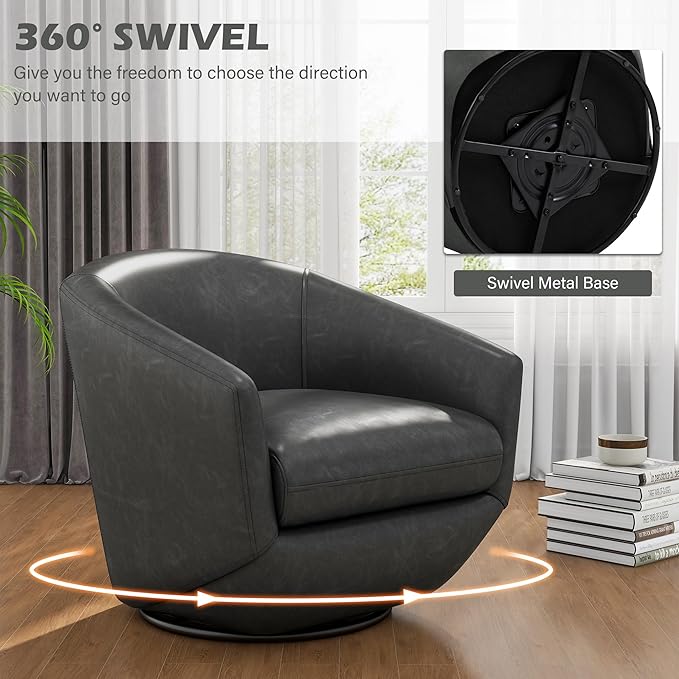 UIXE Faux Leather Swivel Accent Chairs Set of 2, Barrel Chair Upholstered Club Armchair for Living Room, Comfy Single Sofa Bedroom Side Reading Seat - Black