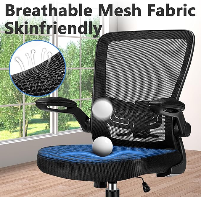 Desk Chairs with Wheels, Ergonomic Mesh Office Chair Adjustable Height and Swivel Lumbar Support Home Office Chair with Flip Up Armrests, Set of 2