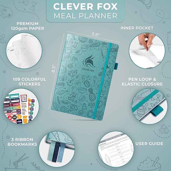 Clever Fox Weekly Meal Planner - Weekly & Daily Meal Prep Journal with Shopping and Grocery Lists for Menu Planning, Healthy Diet & Weight Loss Tracking, Lasts 1 Year, Undated, A5 - Aquamarine