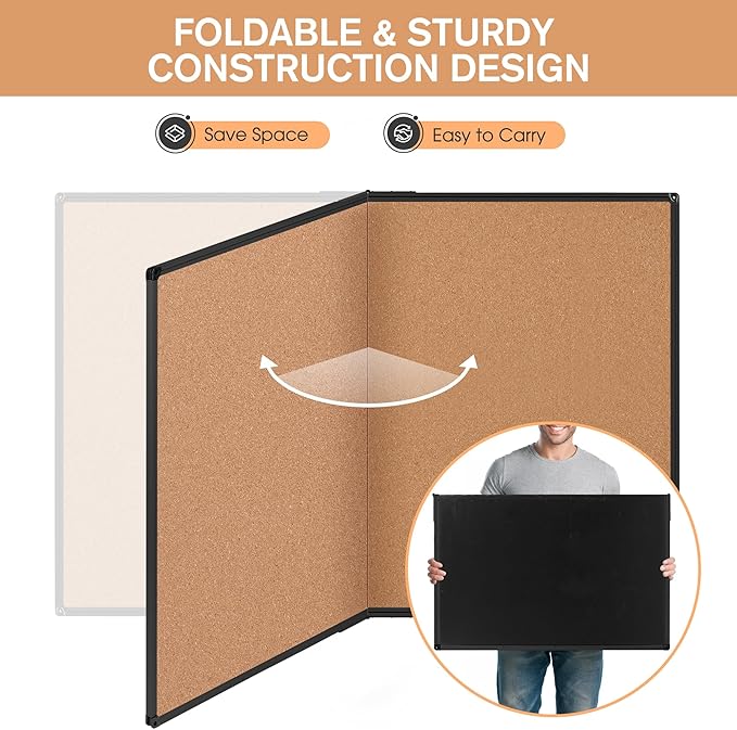 Board2by Extra Large Cork Bulletin Board 60" X 36", Foldable Notice Pin Board for Wall, Black Aluminum Framed 5'x3' Corkboard, Wall Mounted Noticeboard with 36 Push Pins for School, Home & Office
