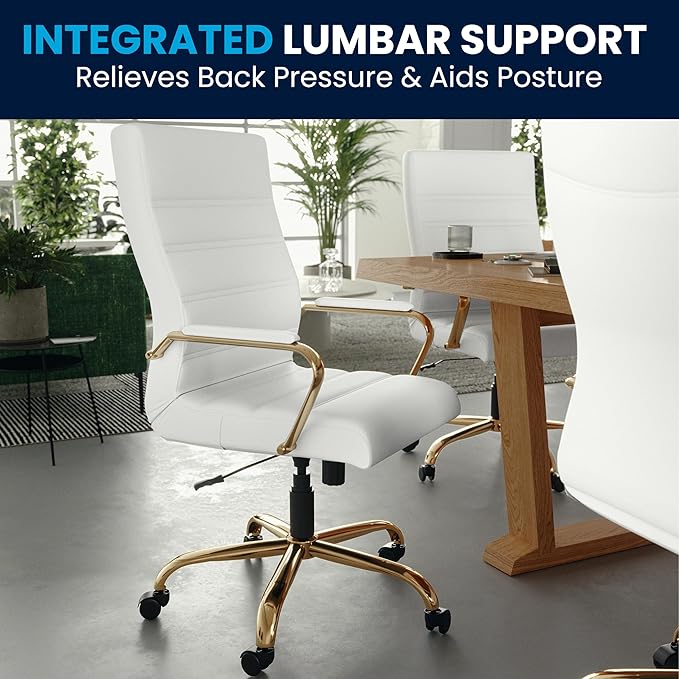 Flash Furniture Whitney Mid-Back Swivel LeatherSoft Desk Chair with Padded Seat and Armrests, Adjustable Height Padded Office Chair, 27"D x 26"W x 43"H, White/Gold