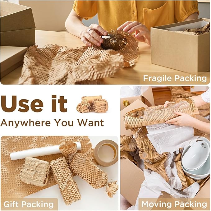 Honeycomb Packing Paper, 12"x300' Brown | Perforated Honeycomb Packing Paper Recyclable Moving Supplies for Shipping & Moving | Plastic-Free Alternative to Bubble Cushion Wrap with 36 Fragile Stickers