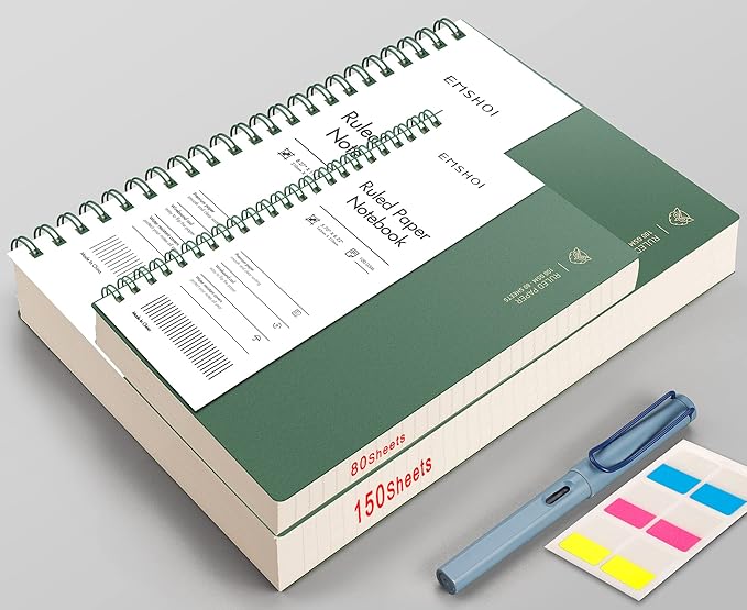 EMSHOI A4 Spiral Notebook College Ruled Lined Journal, 11.2" X 8.27", 300 Pages/150 Sheets, Easy Tear Perforated Pages, 100gsm Thick Paper, Waterproof Softcover, for School Work Writing-Green