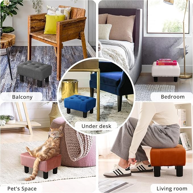 LUE BONA Small Tufted Foot Stool, Beige Rivet Fabric Ottoman with Plastic Legs, 9''H, Rectangle Footstool for Adult with Non-Slip Pads, Sofa Foot Rest for Living Room, Couch