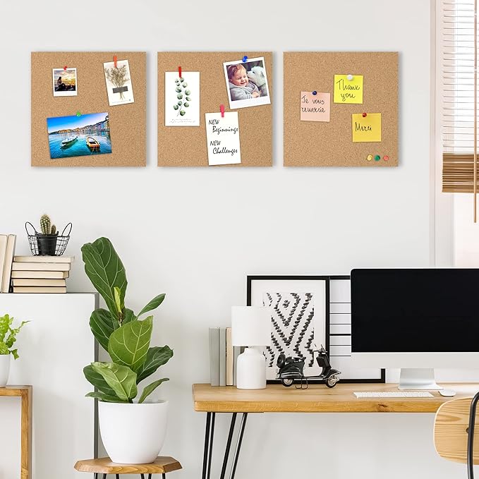 AKTOP Cork Board Bulletin Board 12x12, 1/2" Thick Cork Board Tiles 12 Pack, Small Square Pin Board for Wall, Self Adhesive Corkboards with 120 Push Pin Wood Clips for School, Home & Office