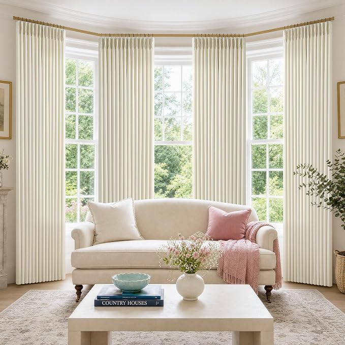 Cream Beige Pinch Pleated Linen Curtains 112 Inch 4 Panels Set by Twodrapes