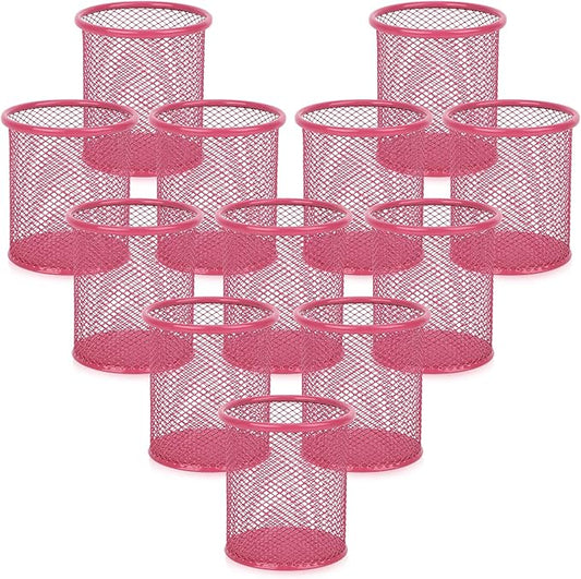 Segarty Pen Holer, 12 Pack Round Dark Pink Pencils Holder for Desk, Metal Mesh Pen Cup Container Marker Organizer Set for Office, School, Home, Desktop Storage and Organization