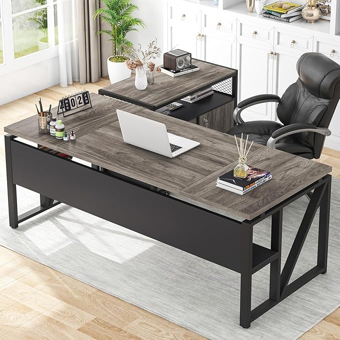 Tribesigns L Shaped Desk with Drawer Cabinet, 63" Executive Computer Desk and lateral File Cabinet, 2 Piece Home Office Furniture with Drawers for Hanging File, Doors with Locks (Gray, 63 inches)