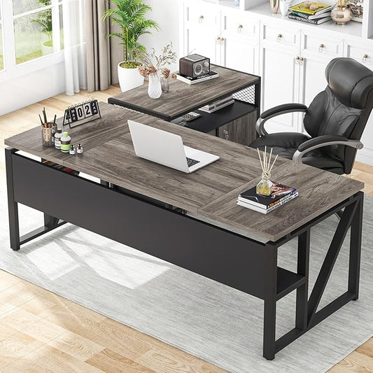 Tribesigns L Shaped Desk with Drawer Cabinet, 63" Executive Computer Desk and lateral File Cabinet, 2 Piece Home Office Furniture with Drawers for Hanging File, Doors with Locks (Gray, 63 inches)
