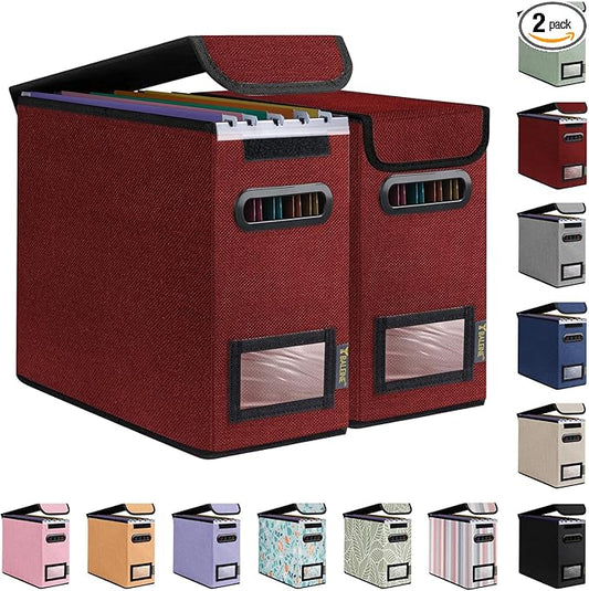 BALEINE File Organizer Box with Lid, Collapsible File Folder Organizer with Plastic Slide, Hanging File Folder Box for Office Document Storage (2 Pack, Red, S)