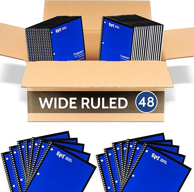 EPI Spiral Notebook | Wide - 70 Sheets, Durable Spiral Binding | 10.5 x 8 in | Classroom Supplies | School, Office, Note Taking, Journaling - 48 Pack