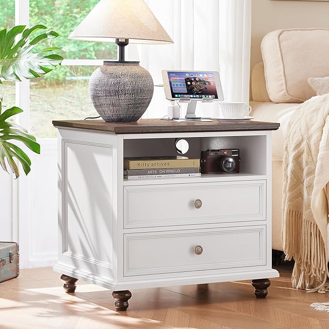 24" Wide Farmhouse Nightstand Set of 2 with Charging Station,End Table with 2 Drawers,White Wood Dresser for Bedroom Cabinet, Bed Side Table Chest of Drawers, Night Stand for Living Room, Closet