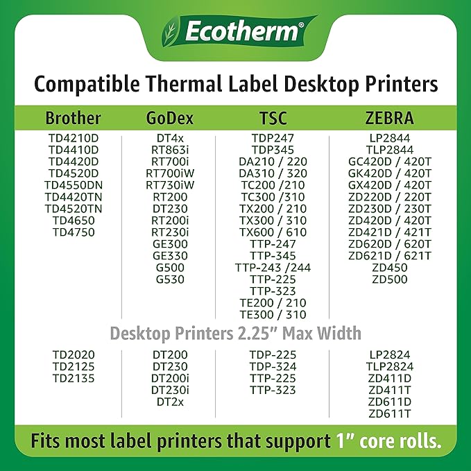 2" x 1.5" Thermal Labels | 6 Rolls | 8220 Labels | fits Zebra, Munbyn, Rollo, Godex, Arkscan, iDPRT, Offnova Thermal Label Printers and More | Blank White Adhesive Stickers by Ecotherm
