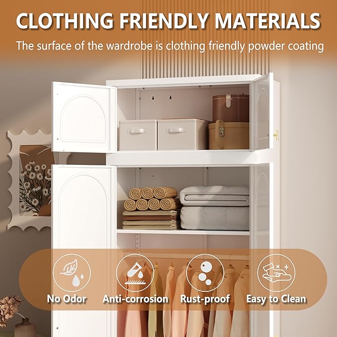 Metal Armoire Wardrobe Closet with Drawer, Freestanding Wardrobe Cabinet with Hanging Rod, Large Clothing Storage Cabinet with Doors for Bedroom, 18" D x 32" W x 86" H, White, Assemble Required
