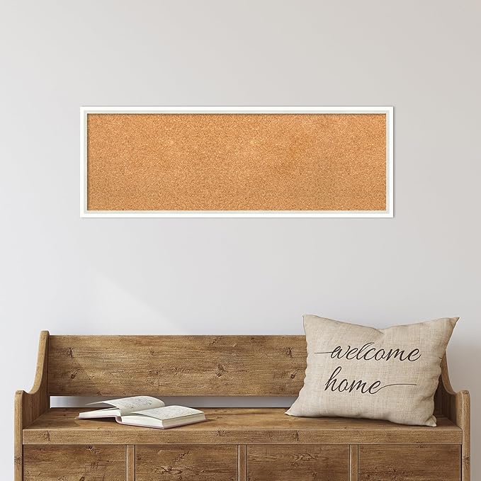 Amanti Art Natural Cork Board for Wall, 13x37 Vision Board with White Frame, Medium Corkboard Office Decor for Home Organization, Modern Corkboard Pinboard to Display Items for Home Organization in