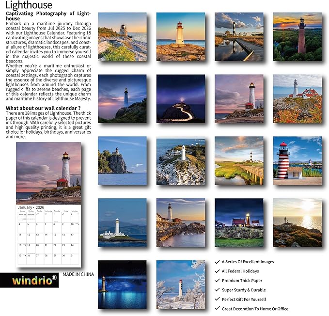 2025 Wall Calendar,Calendar 2026, July 2025 - December 2026, Wall Calendar Lighthouses, 12" x 24" Opened,Full Page Months Thick & Sturdy Paper for Calendar Organizing & Planning