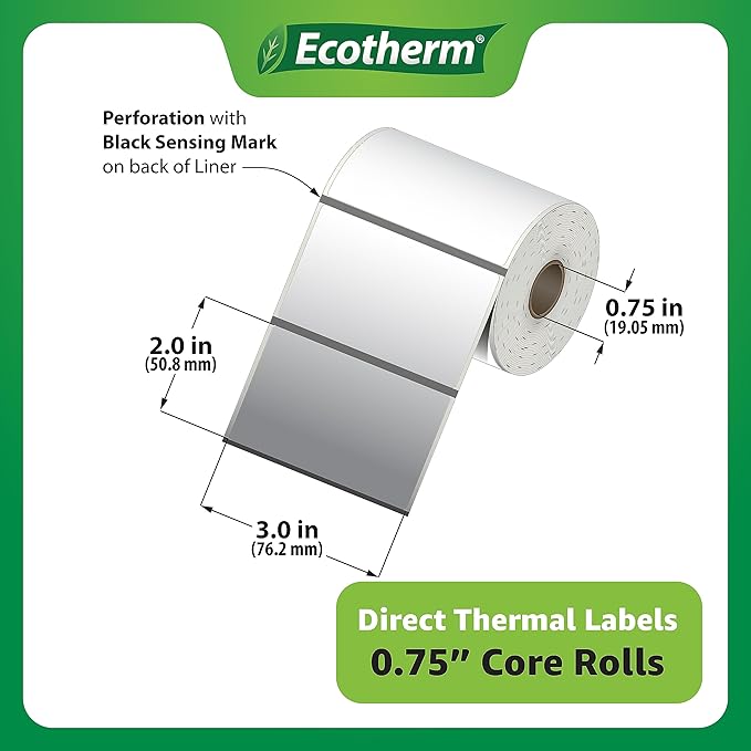 3" x 2" Mobile Printer Labels | 25 Rolls | 5250 Labels | fits Zebra ZQ630, QL420, QL320 and QLn420 Printers | Black Mark On Liner | .75" Core Rolls | by Ecotherm