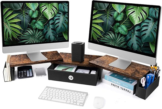 Dual Monitor Stand Riser With Drawer, Office Desk Organizers And Accessories, Computer Monitor Riser For 2 Monitors For Desk, Monitor Shelf With Adjustable Length & Angle