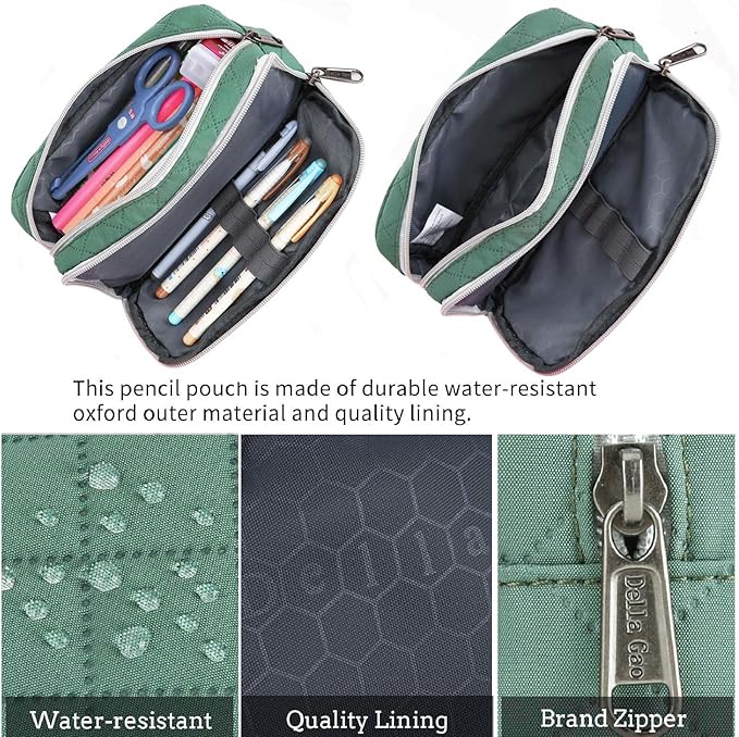 Della Gao Small Pencil Case Large Capacity Pencil Pouch Marker Pen Bag Coin Pouch Office Stationery Organizer (DarkGreen-02RH)
